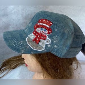 🎅🏻High Quality Headwear Christmas Rhinestone Snowman Fashion Denim Cadet Hat